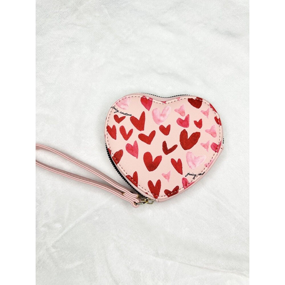 Juicy Couture Heart Wristlet Coin Purse Wallet Pink Red Hearts Zip Around Pouch - Picture 4 of 4